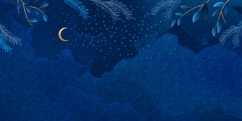 Abstract watercolor night background. Christmas and New Year painted banner. Moon, snow, stars on a dark blue watercolor background. Snowy winter landscape.