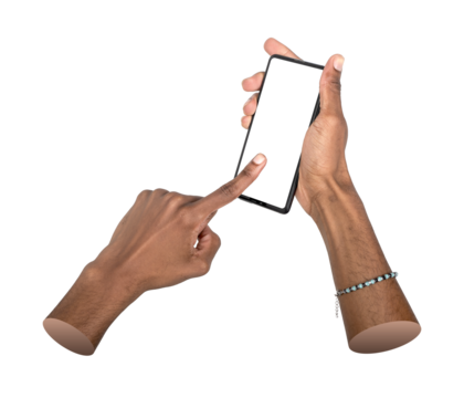 Phone in both hands. African American man holding smartphone at an angle, tapping white blank screen