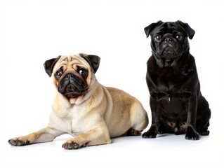 Two Adorable Pugs: One Fawn, One Black, Isolated on White Background