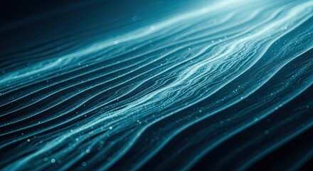Futuristic digital background with flowing streams of glowing teal particles creating a sense of motion, data flow, and technological innovation in a dark, abstract space
