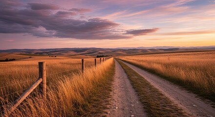 A serene country road leads through golden fields of dry grass towards rolling hills under a beautiful pastel sunset sky, creating a peaceful and picturesque rural landscape