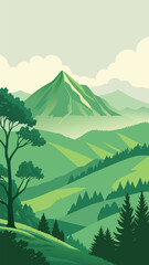 Green mountain landscape with lush forest and cloudy sky