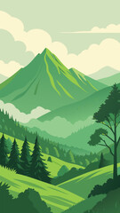 Green mountain landscape with pine trees and clouds