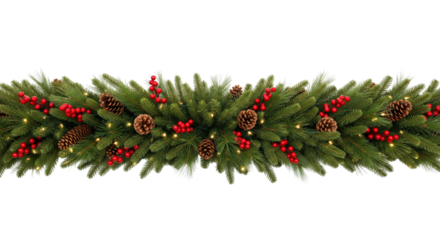 Christmas garland with cones, berries and light decoration isolated on white or transparent background