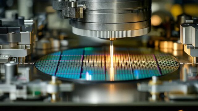 走査ラインが走るウエハー上で検査ヘッドが次ダイへ移動する瞬間、人物なし