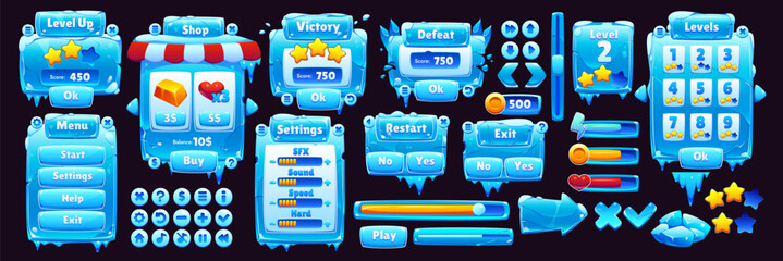 Fototapeta na wymiar Game interface with ice crystal buttons, vector UI frame board asset. Cartoon frozen user interface with ice crystal buttons, icy panel, progress bar, menu, settings, shop and game level selectors