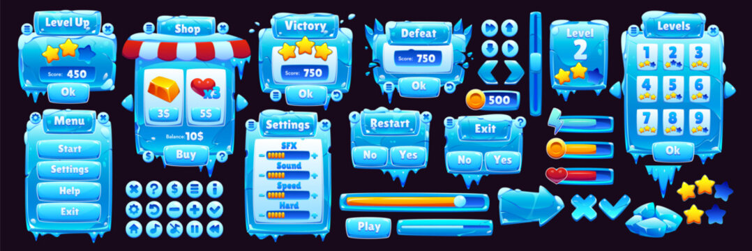 Game interface with ice crystal buttons, vector UI frame board asset. Cartoon frozen user interface with ice crystal buttons, icy panel, progress bar, menu, settings, shop and game level selectors
