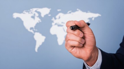 Hand holding a marker draws or points at a white world map on a blue background, suggesting global planning, strategy, or a corporate presentation.