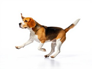 Energetic Beagle Dog Running Isolated on White Background