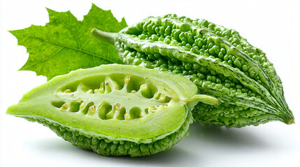 Fresh Bitter Melon with Sliced Pieces and Green Leaves, Whole and Cut Bitter Gourd Displayed with Leaves