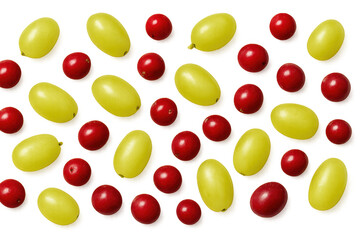 Green grapes and red cranberries falling, fresh fruit blend for healthy eating and natural sweet snack on transparent background