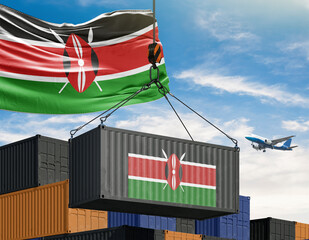 Kenya's Global Trade: A cargo container adorned with Kenya's flag is lifted against a backdrop of stacked shipping containers.