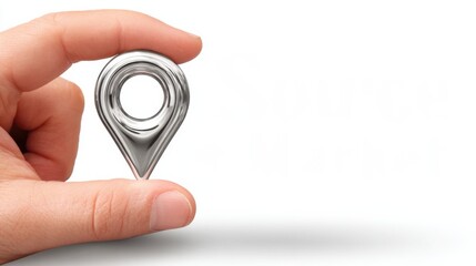 Hand holding a clear glass location-pin icon on a white background, symbolizing map markers, navigation, GPS and geolocation.