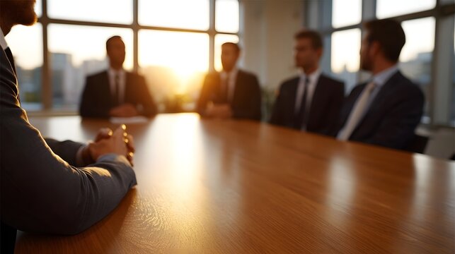 Executives in a sunlit boardroom engage in a business meeting around a wooden table