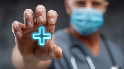 Medical professional wearing a mask and stethoscope reaches forward, presenting a glowing neon medical cross hologram representing healthcare, telemedicine, and medical technology.