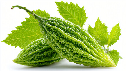 Fresh Bitter Melon with Leaves Arranged in Natural, Whole Bitter Gourd Displayed with Green Leaf Background
