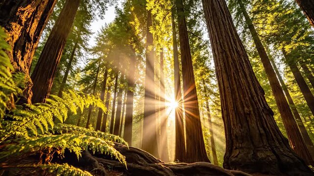 A tall man stands amidst the towering redwood trees, gazing at the sun's rays filtering through the lush green leaves. The majestic redwoods create a serene atmosphere in the fores