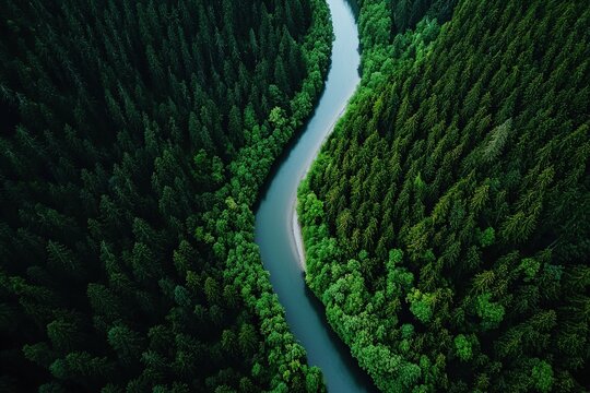 A rushing river cutting through a dense forest, styled for natural beauty and motion