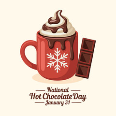 National Hot Chocolate Day vector. Red mug of hot chocolate with whipped cream vector. Cup of cocoa illustration. Winter beverage drawing. January 31.