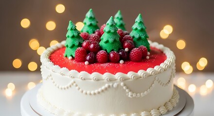 Deliciously decorated festive cake with red berries and green trees, perfect for holiday celebrations