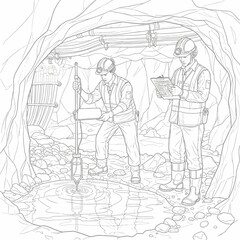 Two workers in a mine, one measuring water with a tool, the other taking notes.