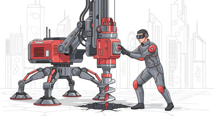 Futuristic construction: an operator controlling a drilling machine in a metropolis landscape