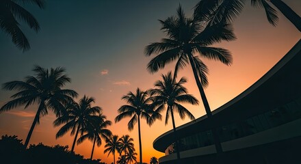 Looking up at the serene silhouettes of tall palm trees and a modern architectural building against a beautiful, warm gradient sky during a peaceful sunset