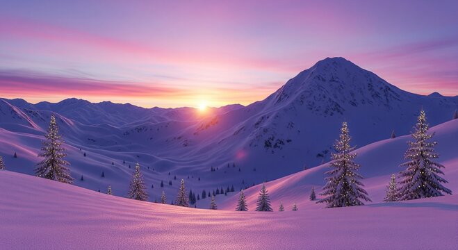 Ethereal winter sunrise paints majestic snow-capped mountains and frosted valleys in vibrant purple and pink hues, creating a serene and breathtaking natural landscape