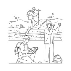 Line art illustration of geologists or surveyors working in a field, examining rock formations and using measurement tools.