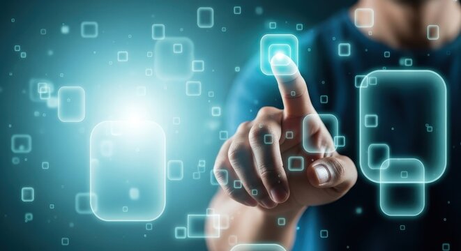 Close-up of a human finger about to touch a luminous digital button on a modern holographic interface with floating squares