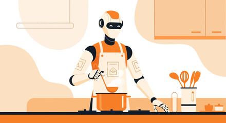 Futuristic cooking concept featuring a robot chef preparing a meal in a modern kitchen setting