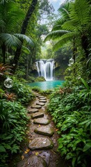 Enchanting Tropical Paradise Turquoise Waterfall Hidden in Lush Jungle