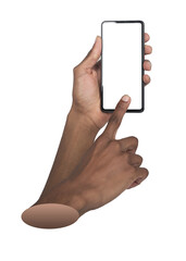 Phone in both hands. African American man touching smartphone screen with index finger, interacting