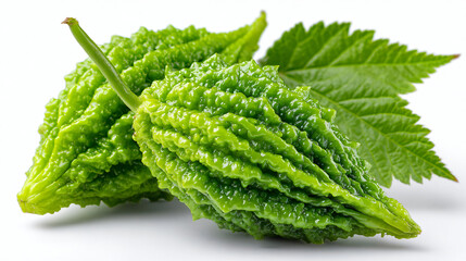 Fresh Bitter Melon Cluster with Stem and Leaves, Whole Bitter Gourd Arrangement Featuring Leafy Greens