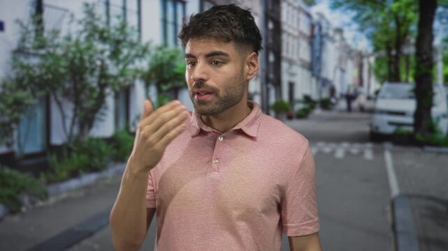 Young hispanic man in pink polo gestures with open palm on street; urban curiosity invites engagement.