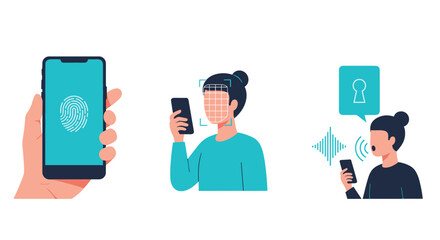 Biometric authentication and security technology illustrations, showing fingerprint scan, facial recognition, and voice recognition.