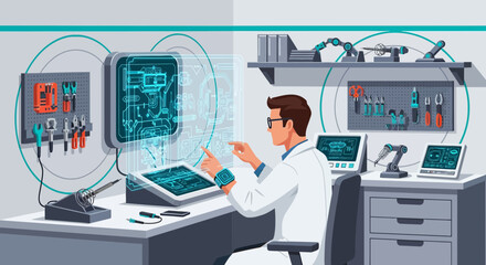 Futuristic engineer working with robotics interfaces and innovative design technologies in workshop