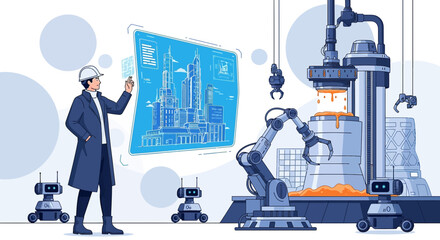 Futuristic construction site with engineer, augmented reality and robotic automation integration