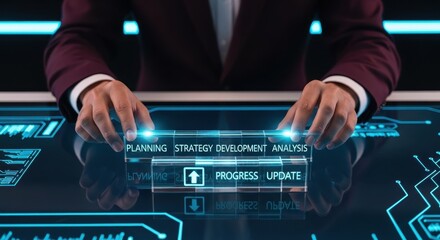 Professional leveraging cutting-edge holographic technology for strategic business planning, progress tracking, and insightful data analysis