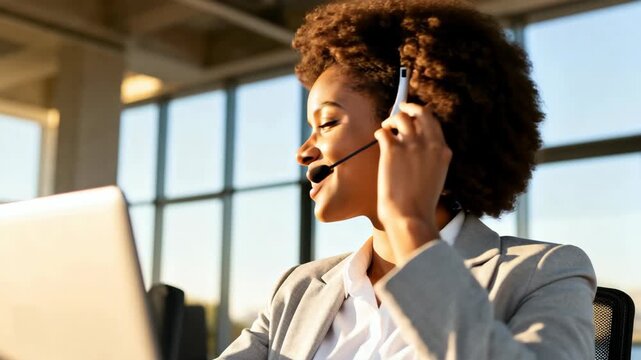 A smiling african american woman working as a customer service operator with a headset. A friendly call center agent talks with a client in a modern office. Business communication and support concept