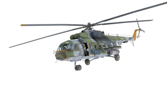 Army soldiers with machine guns in a helicopter
