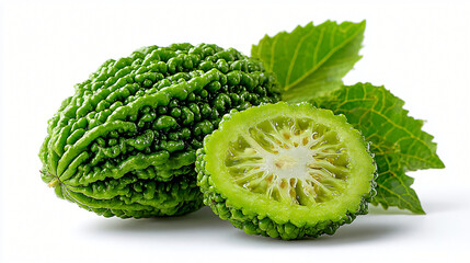 Fresh Bitter Melon with Cut Slice and Leaves, Whole and Sliced Bitter Gourd Presented with Greens