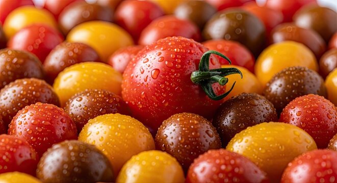 A vibrant close-up of freshly washed heirloom cherry tomatoes in red, yellow, and brown, covered in glistening water droplets, creating a colorful and healthy food background