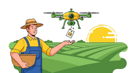 Futuristic farming depiction with drone seeding and modern agriculture techniques illustration