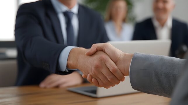 Two business professionals shaking hands across a table in a formal meeting symbolizing agreement and partnership with a laptop in view