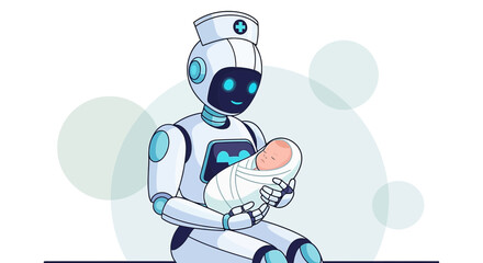 Futuristic healthcare: A robotic nurse lovingly cradles a newborn baby in a clinical setting