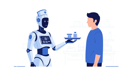 Futuristic healthcare assistance with humanoid robot nurse delivering medication to patient