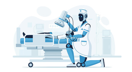 Futuristic healthcare: A robotic nurse tending to a patient with advanced monitoring in hospital
