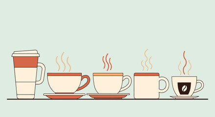Set of various coffee cups and mugs in a line, including a travel mug and steaming ceramic cups, representing a coffee break or cafe.