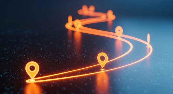 An organically winding, luminous orange digital route connecting waypoints with glowing location pins, visualizing a strategic journey or a project timeline